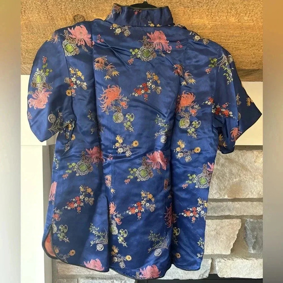 Vintage Peony Kimono Top S/M Made In Shanghai Blue Floral Collectors Costume - Picture 3 of 9